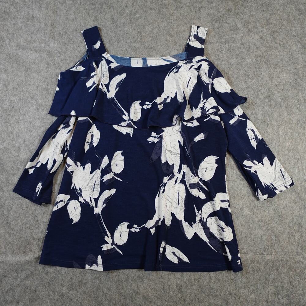 Clara Sun Woo Top Womens Medium Tunic Cold Shoulder Blue Slinky Floral Flounce
